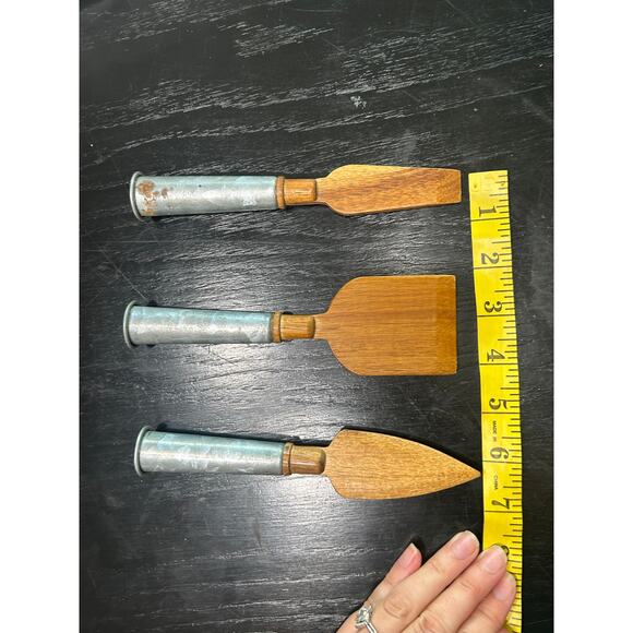 Retro Galvanized Metal Handle- wood Cheese set of 3 utensils- some rust- wear - Picture 4 of 4